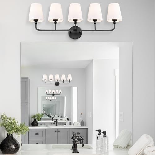 Image of Bathroom Light Fixtures, 5 Light Matte Black Vanity Lights with Flared White Fabric Shade, 35 Inch Wall Sconce, Modern Sconces Wall Lighting for Hallway Bedroom, VL837-MB-5
