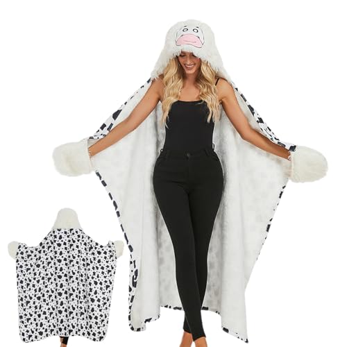 Cobertor com capuz de vaca para mulheres - Cobertor fofo com capuz de flanela vestível de vaca para