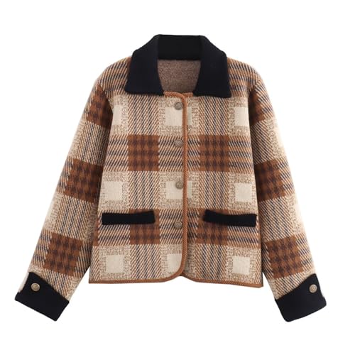 HOULENGS Women's Vintage Long Sleeve Plaid Print Cardigan Sweater Button Down Lapel Knit Sweater Coat with Pockets