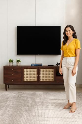 Image of Premium Solid Wood, 10 Minutes Assembly (Legs Only), Aesthetic Rattan Doors, Mid Century Entertainment Center for Living Room, TV Stand for 65 inch TV, Dark Chocolate (Walnut TK-26)