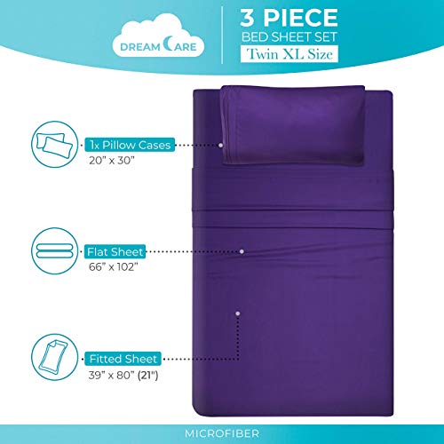 Image of DREAMCARE Twin XL Sheets - 3pc Breathable Cooling Sheets Twin XL Sheet Sets | - up to 21 inch Deep Pocket XL Twin Sheets with Side Pockets - Extra Soft - Double Brushed Hotel Luxury Bed Sheets - Purple