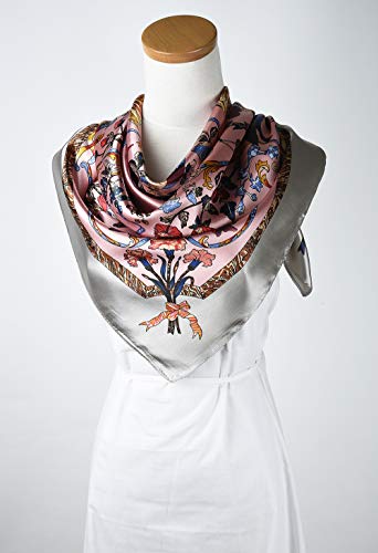 Corciova 35 X 35 Women Silk Square Hair Neck Scarf Trolley Grey Pink Flower Bird Kingdom Curly Headband Tie Sleeping At Night #TOP2