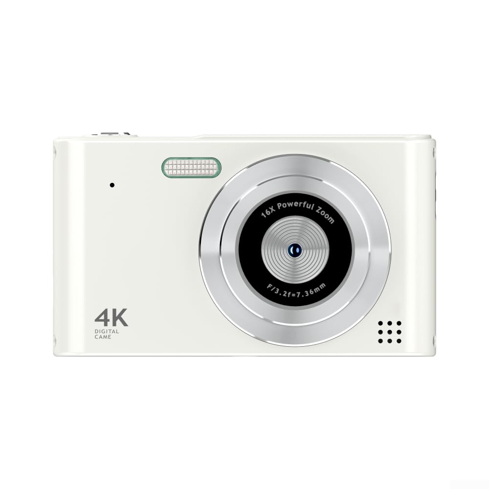 Fotocamera digitale 4 K 48 MP, videocamera con schermo da 2,4 pollici, zoom 16x, flash con rilevamento del viso anti-shake per studenti (bianco 32G)