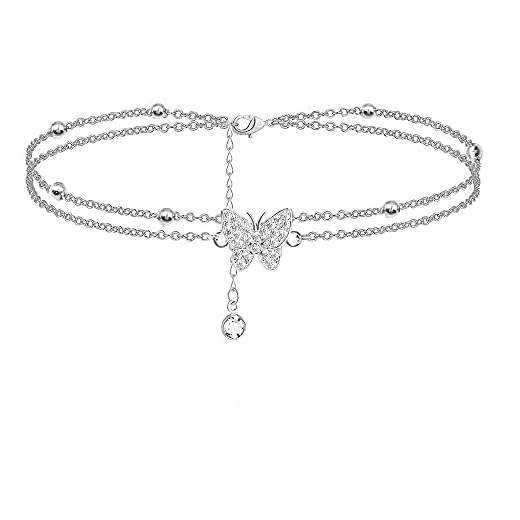 14K Butterfly Silver - Adjustable Layered - Jewelry Anklet Gifts for Women Teen Girls