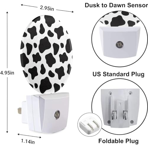 Image of Cow Print Night Lights Plug into Wall Black White Dots Animal Skin Farmhouse Plug-in Nightlight Auto on /Off Dim Light Sleep Friendly for Family Friends Holiday Gifts & Home Decor