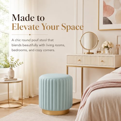 Image of Designer Velvet Round Footstool Ottoman with Sturdy Gold Metal Band Base for Home Decor & Extra Seating, Lightweight Pouf Stool for Sofa Side & Bedroom, 16x16x17 Inch (Aqua)