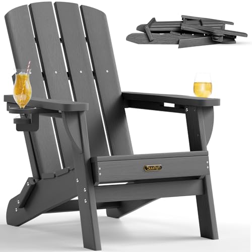 SUUNYN Folding Adirondack Chair, HDPE All-Weather Fire Pit Chairs, Plastic Adirondack Chairs with 2 Cup Holder, Outdoor Lawn Chair for Patio Garden (Grey)