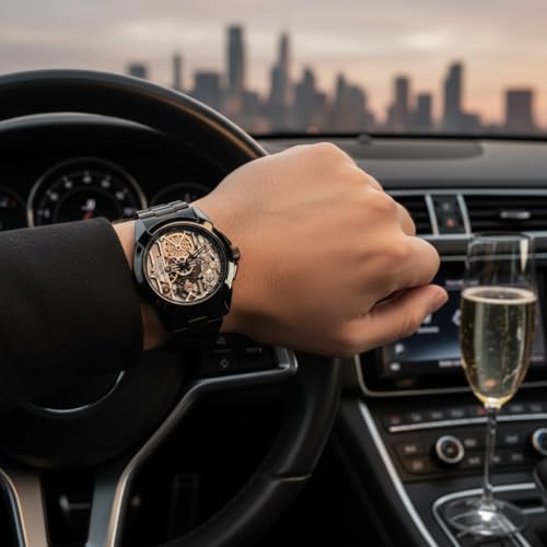 Image of Shree Ram Skeleton Watch, Ayodhya Mandir Theme, Mechanical Look Quartz, Stainless Steel Metal Bracelet, Round Dial with Deity Engraving for Man and Boyes