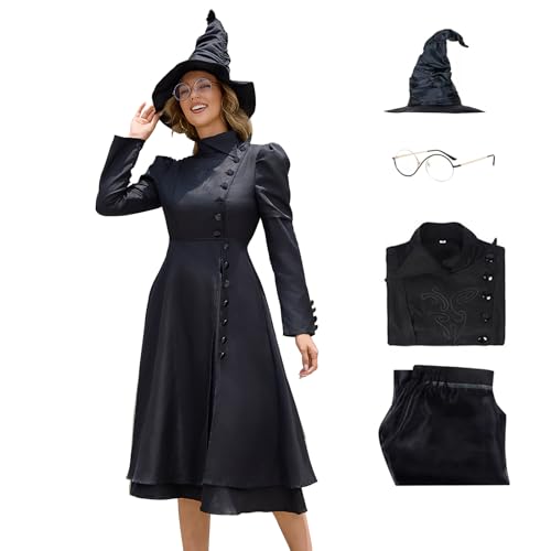 Danvato Elphaba Costume Black Witch Dress for Women Halloween Wizard Suit with Hat, Glasses L