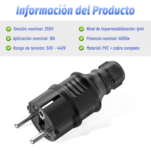 Miniatura 3 de Oblinple 2 Piezas Enchufe De Schuko 250v 16a, Contacto Protector Con Protección De Torsión, Clavija Enchufe Macho De Alimentación Con Liberación De Tensión Para Cables Interiores Y Exteriores, Negro