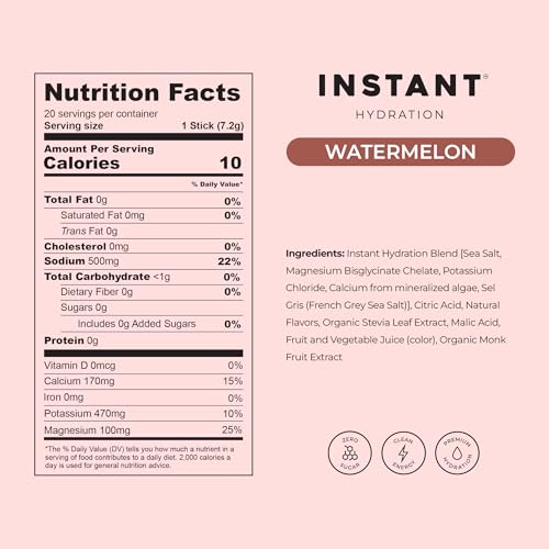 Image of Instant Hydration Sugar Free Electrolytes Powder Packets - Watermelon Electrolyte Drink Mix & Travel Essentials - Post Workout Recovery, Brain Health, Muscle & Tissue Support - 20 Sticks