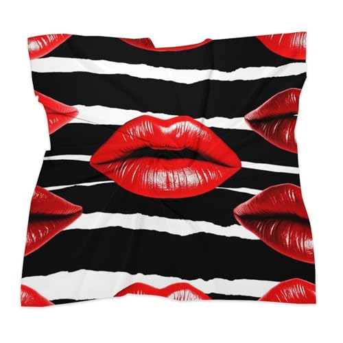 Red Lips Kiss Silk Like Head Scarf for Women Square Neck Scarf Satin Bandanas Fashion Headscarf