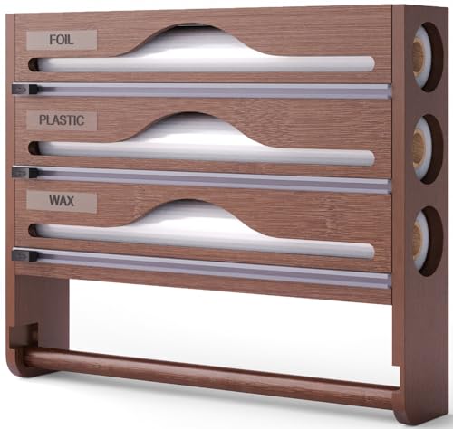 Organizador de papel de aluminio y rollo de cocina de bambú montado en la pared, dispensador y cortador 4 en 1, dispensador de rollos de cocina, soporte para bolsas de congelador para cajón de cocina