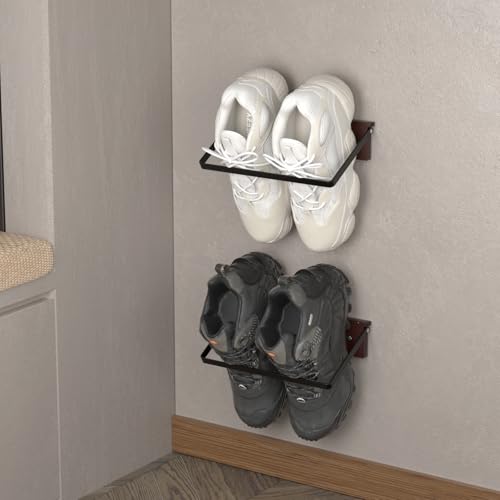 SCUNDA 2-Pack Wall Mounted Shoe Rack, Wooden & Metal Foldable Shoe Rack - Space Saving Wall Shoe Holder for Entryway, RV, Camper, Closet, Apartment, Fits Various Shoes-Brown by SCUNDA - Used condition - US$20.62