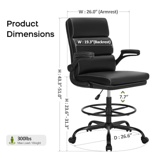 Image of Drafting Chair Tall Office Chair with Padded Flip-up Armrests Executive Ergonomic Computer Standing Desk Chair with Comfortable Leather Backrest and Adjustable Footrest Ring (Black)