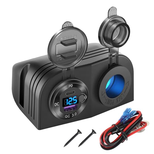 Pannello tipo tenda Presa USB 12V Presa accendisigari illuminata, PD3.0 & QC3.0 Caricatore in alluminio con porta USB da auto con Voltmetro e interruttore a LED, Pannello di alimentazione impermeabile