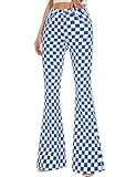 Easter Gifts Checkered Flare Jeans for Women High Waisted Bell Bottoms Stretch Bootcut Plaid Pants(Blue White Plaid, 6)
