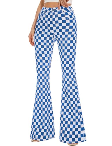 Easter Gifts Checkered Flare Jeans for Women High Waisted Bell Bottoms Stretch Bootcut Plaid Pants(Blue White Plaid 8)