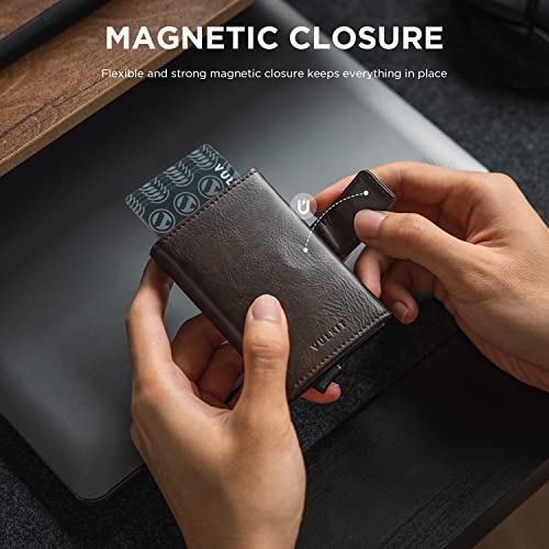Image of VULKIT RFID Card Wallet for Men, Slim Compact Men's Wallet, Leather RFID Blocking Credit Card Holder Wallet, Trifold Thin Metal Security Pop Up Wallet, Gift Box Packing, Espresso, Taille unique