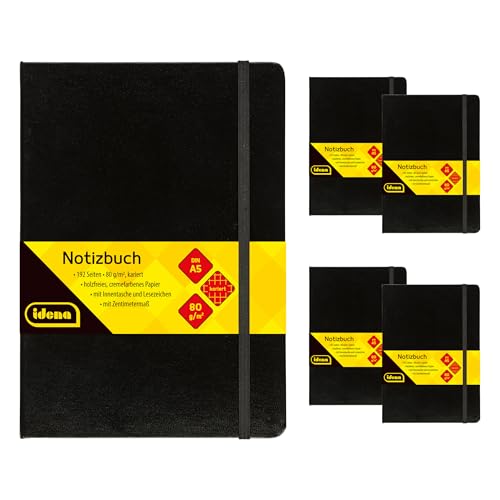 Carnet A5 quadrillé Idena de 192 feuilles crème avec couverture rigide noire