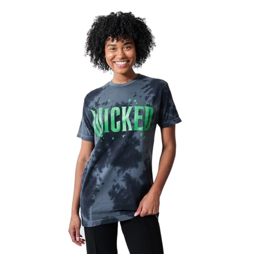 Bioworld Camiseta masculina Wicked Green Glitter Print Movie Logo Black Cloud Wash gola redonda mang