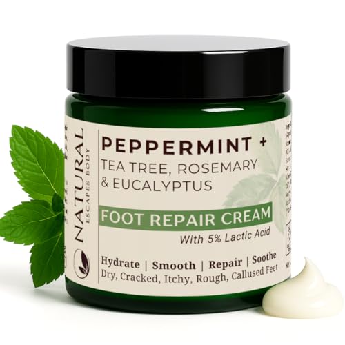 Natural Escapes Peppermint, Rosemary, Eucalyptus & Tea Tree Foot Cream, Deeply Moisturizing Lotion for Dry Cracked Feet & Heels, Intense Moisturizer for Therapeutic Massages