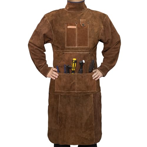 YESWELDER Leather Welding Apron with Sleeve and 6 Pockets Heat Flame Resistant Cowhide Welder Apron Brown Small
