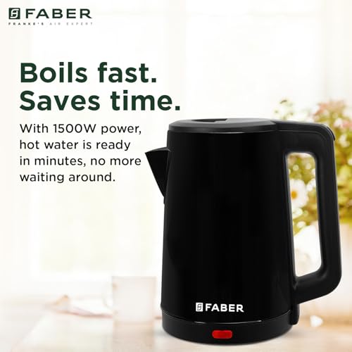 Image of Faber Electric Water Kettle| 1.8L| 1500W| 3x Protection - Auto Off, Dry Boil, Overheating| SS Body| Wide Mouth| 360 Swivel Power Base| For Water, Tea, Coffee, Milk| FWK 1.8L TIMON BK