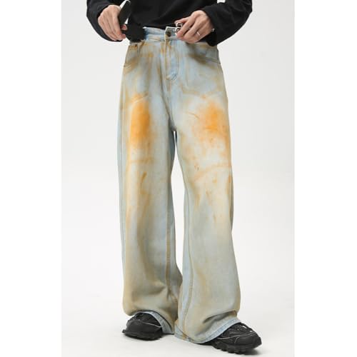 XYGJZ Mens Wide Leg Jeans Orange Tie-Dye Baggy Fit Denim Pants Streetwear2