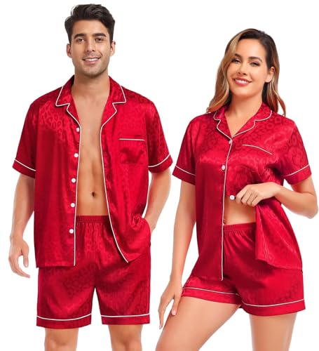 Image of SWOMOG Satin Matching Pajamas Sets Couple Silk Button Down Nightwear Women & Men Short Sleeve Sleepwear 2 Pieces Loungewear