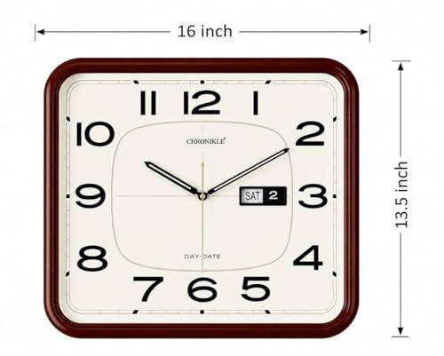 Image of Vintage Antique Designer Wall Clock with Day & Date Display ? 16 x 13.5 Inch Large Analog Wall Clock, Ivory Dial & Brown Plastic Frame, Silent Quartz Decorative Clock for Living Room, Office & Bedroom