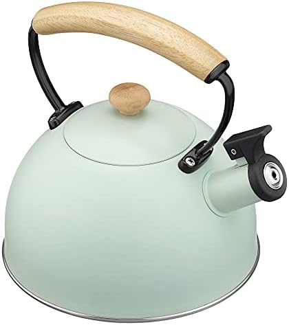 Navaris Stovetop Whistling Kettle - 2.3 Litre Stainless Steel Stove Top Hob Kettle with Whistle and Wood Handle - Mint Green