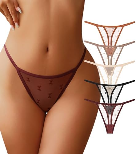 J-pone G-String Thongs for Women T-back Lace Hollow Out Low Waist Thongs Breathable Cheeky Sexy Underwear Panties 5Pack