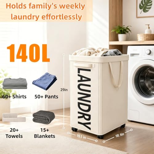 Image of Optish 140L Laundry Hamper with Wheels, Rolling Laundry Basket with Removable Mesh Bag, Extra Large Clothes Hamper on Wheel for Bedroom, Bathroom, Dorm Room Essentials, White