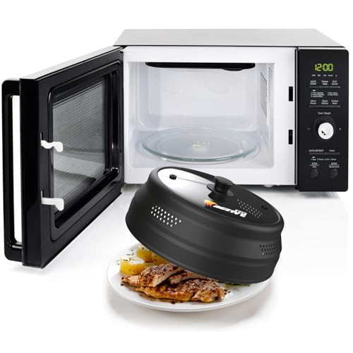 Collapsible Microwave Cover for Food - Silicone and Glass Splatter Guard Lid for 6-12 inch Plates & Bowls, Dishwasher Safe, Heat Resistant, BPA-Free, Black