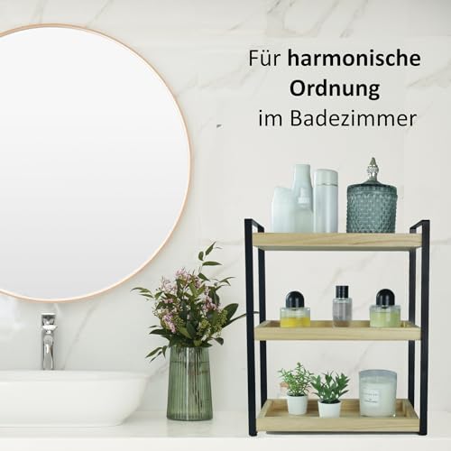 alma home Standregal Badezimmer Organizer - Badregal ohne Bohren 3-Ebenen aus Holz und Metall schwarz als Regal für Bad Aufbewahrung, Kosmetik oder Holzregal für Schminktisch