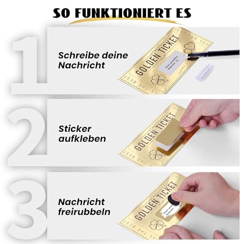 DasWas 2x Goldenes Ticket - Geschenk Gutschein zum Selber Auffüllen mit Rubbelaufkleber - Rubbellose & Gutscheinkarten Selber Machen - Personalisiertes Geschenk im funkelndem Umschlag + Rubbelwerkzeug
