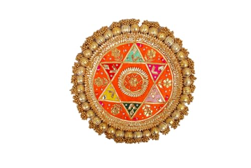 Image of Wood Handmade Gota Patti Work Plate, Table Decor & Base For Statues, Gods, Plant, Craftsmanship With Golden Moti Detailing, Gift For Diwali, Birthdays, Housewarming Size 13 inch Orange 1