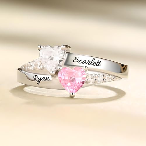 Engraved Promise Rings for Her Custom Two Birthstone Engagement Rings for Women Personalized Promise Rings for Women 2 Birthstone Wedding Rings for Women Heart Shaped Promise Ring Engraved Ring2