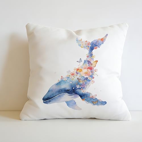 JLLBF Floral Blue Whale Pillow Cover 18x18 Double-Sided, Whale Gifts for Women, Watercolor Coastal Ocean Animal Decorative Throw Pillow Cover for Home Bedroom Couch Bed