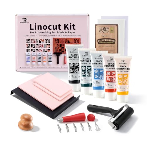 Image of Bobblebro Linocut Kit for Printmaking, 6 Color Fabric Block Printing Kit | Stamp Making Kit with 2.6 oz Fabric Block Printing Inks, Linocut Blocks, Carving Tools, Adult DIY Art & Back to School Gifts