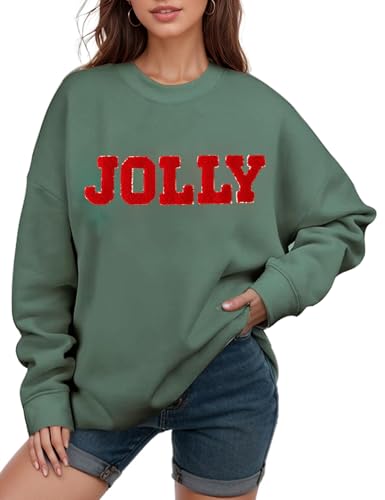 Gihuo Christmas Sweatshirts for Women Glitter Patch Merry Letter Shirts Chenille Oversized Pullover Tops(GreenJolly-M)