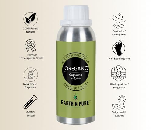 Image of Earth N Pure Oregano Essential Oil - 100% Pure & Natural, Steam Distilled - Warm Herbaceous Aroma for Diffusers, Massage Blends & DIY Care | 250ml