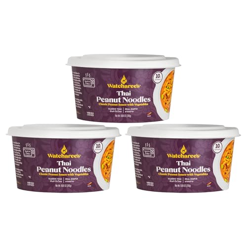 Watcharee's Classic Thai Noodles Bowl Variety Pack | Coconut Curry, Red Curry, and Peanut Sauce | Mild Heat, Vegan, Ready In 2 Mins | Made In Thailand - 3 Pack (9.88 oz Each)