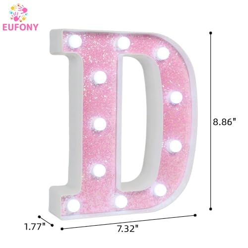 Image of Pink Glitter Marquee Light Up Letters, Battery Operated LED Letter Lights Signs for Pink Birthday Party Table Decorations, Wall Decor for Girls Bedroom, Initial Letter D with Cool White Lights