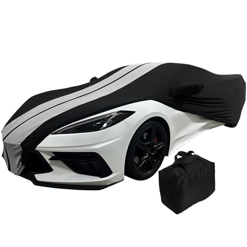 SR1 USA C8 Corvette Custom Fit Car Cover - Indoor Ultraguard Stretch Satin High End Dust Proof for 2020-2026 Stingray, Z06, Z51, E-Ray (Black with Gray Stripes)