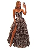 Mollyevers Corset Prom Dress with Slit Strapless Tiered Chiffon Cheetah Print Formal Dresses for Women Size 6