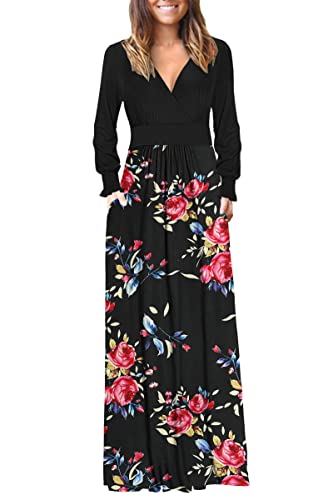 WNEEDU Maxikleid Damen Langarm mit Puffärmeln Elegant V-Ausschnit Boho...