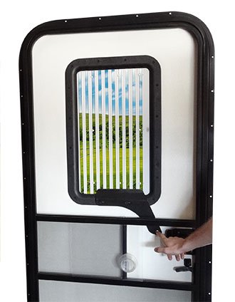 RV door window CloZures Shade, controls sun glare, privacy, and outside view by moving fingertip lever, without opening screen door. CLEAR GLASS NOT INCLUDED. (Light Beige)