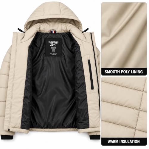 Image of Reebok Mens Quilted Puffer Jacket, Weather Resistant Hooded Winter Coat